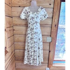 Vintage 90s Floral Maxi Dress Cotton Corset Tie Back Iridescent Buttons Medium